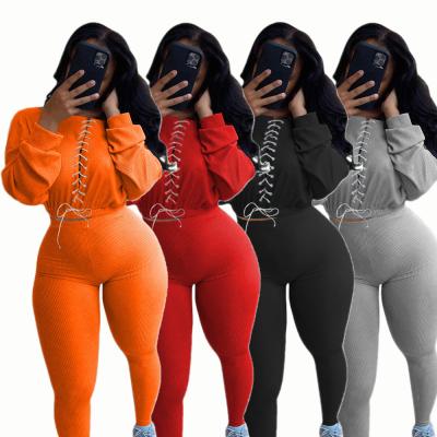 China Anti-pilling Conjunto Mujer Long Sleeve Front Cross Bandage Women Sweatsuit Knitted Plus Size Women Sweatpants Set Sweat Suit Tracksuit for sale