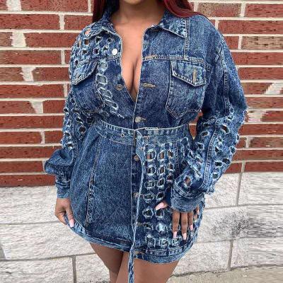 China Wholesale High Quality Breathable Denim Coat Jeans Dress With Belt Winter Long Sleeve Autumn Causal Dresses For Women for sale