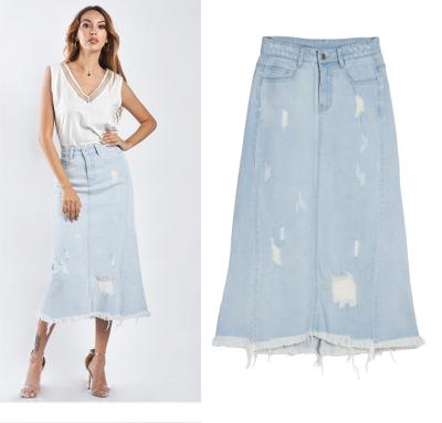 China Light Blue Casual Women Denim Skirt A Line Long Wrap Cotton Fashion Office Skirt Breathable Wholesale High Quality Skirt For Women Ladies for sale