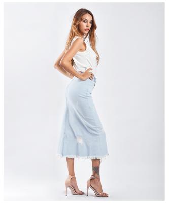 China 2021 New Latest Breathable Jeans Plus Size Dress Broken Holes Denim Skirt Cotton Wrap Skirt Light Blue Casual Dress For Women Ladies for sale