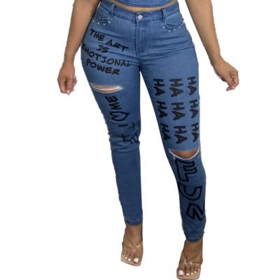 China Free Sample Women's Letter Full Length Denim High Waist Jeans Skinny Women Lasting Free Sample Viable Design Plus Size Pencil Pants For Woman for sale