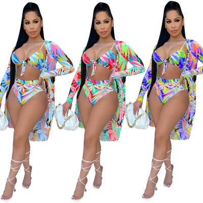 China 2021 wholesale fashion plus size casual printed cape+bikini split swimsuits skimpy bikini three piece swimwear for women for sale