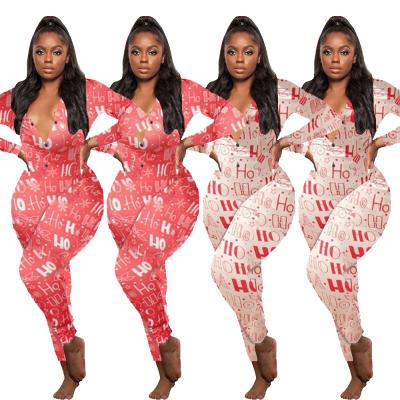 China 2021 New Design Christmas Women's Anti-pilling Wear Romper Home Sleepwear Letter Print Pajamas Long Sleeve Onesie Jumpsuit For Women for sale