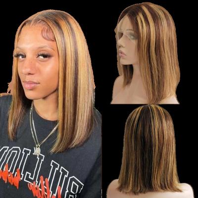 China Straight Ombre Lace front Bob Wig Dark Brown #4 Highlights #27 Straight Colored Bob Human Hair 13x4x1 t Part Lace Wig for Black Women for sale