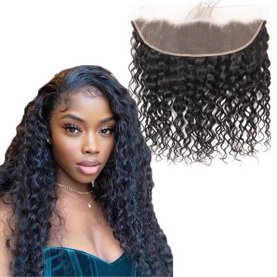 China Water Wave Deep Curly Lace Frontal Closure with Baby Hair Water Wave Brazilian Virgin Hair 13x4 Ear To Ear Closure  Frontal Closure for sale