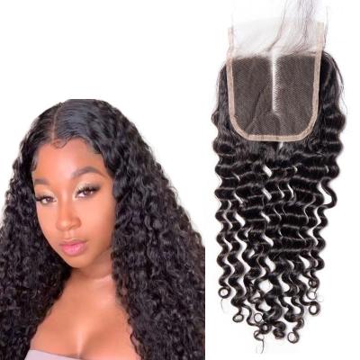 China Deep Curly Wholesale Middle Part Human Brazilian Remy Hair Top Closure 4x4 Deep Curly Wave Virgin Brazilian Hair Closure Piece for sale