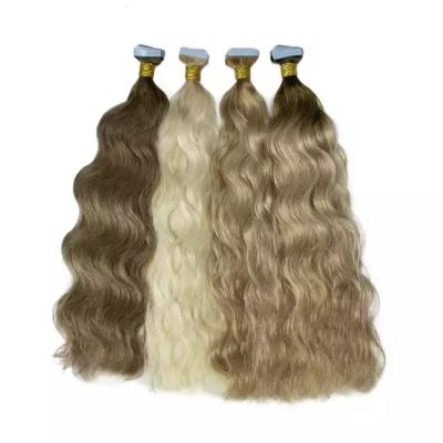 China Water Wave Factory Thick End 12A Grade 100% Virgin Curly Tape In Hair Extensions 100human Hair for sale