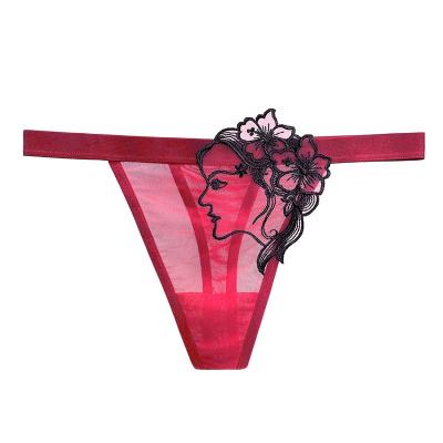 China Sexy Women's Embroidery Personality Original Head Emotional T-panties Tulle Thong Transparent Waist Breathable Comfortable Low Temptation for sale