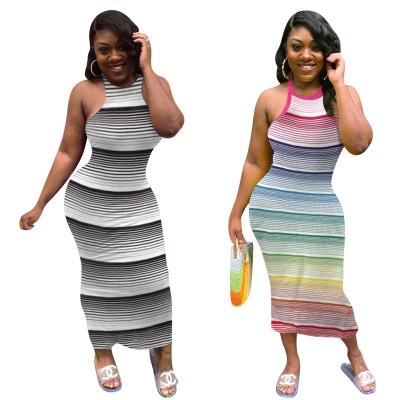 China Breathable 2022 New Arrivals Fashion Women Casual O-Neck Sleeveless Slim Colorful Striped Patchwork Slip Dress for sale