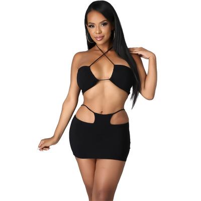 China 2022 New Arrivals Breathable Fashion Women Sexy Drawstring Wrap Chest Waist Hollow Mini Skirt Solid 2 Piece Set Dress for sale