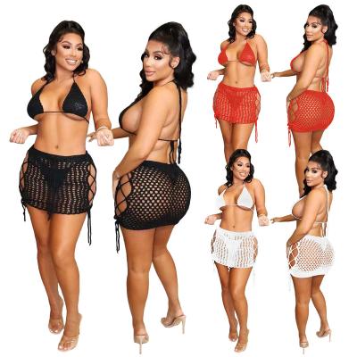 China 2022 New Arrival Sexy Breathable Mini Skirt Hollow Out Knitted Bralette Neck Drawstring 2 Pieces Set Dress For Women for sale