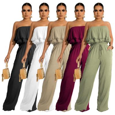 China 2022 New Arrival Breathable Fashion Off Shoulder Ruffles Wrap Chest Wide Leg Pants Solid Overalls For Women for sale