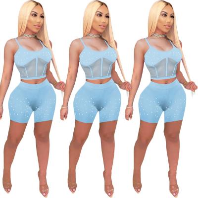 China Breathable 2022 New Arrivals Fashion Women Sexy Vest Crop Shorts Pants 2 Pieces Set Mesh Patchwork Diamond Beaded Transparent Tracksuit for sale