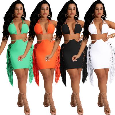 China 2022 New Arrival Breathable Fashion Women Sexy Tassel Mini Dress Solid Side Neck Drawstring Bra Bikini Beach Wear 2 Piece Set Swimwear for sale