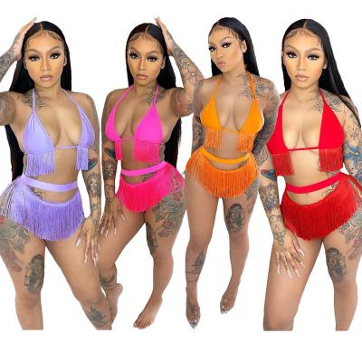 China Breathable 2022 New Arrivals Fashion Women Sexy Drawstring Neck Sleeveless Bra Panties 2 Pieces Tassel Bikini Swimwear Set for sale