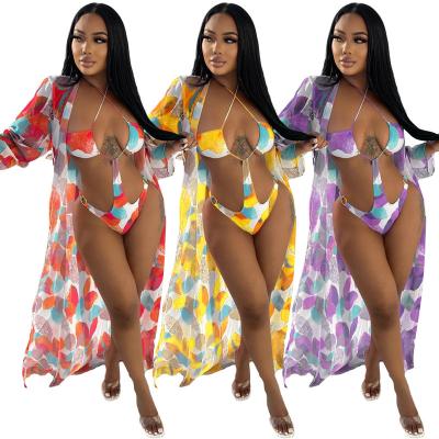 China 2022 new arrival women's breathable sexy drawstring bikini hollow one-piece cardigan 2 pieces set printed swimwear beach wear for sale