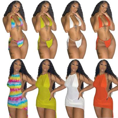 China 2022 New Arrivals Breathable Fashion Women Sexy Neck Drawstring Bra Panties Mini Dress 3 Pieces Set Hollow Transparent Bikini Swimwear for sale