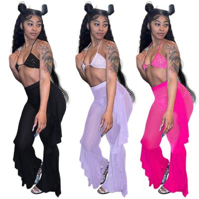 China 2022 New Arrival Swimwear Beach Wear Bling Bra Bikini Breathable Mesh Flared Pants Women 3 Piece Swimwear Set for sale