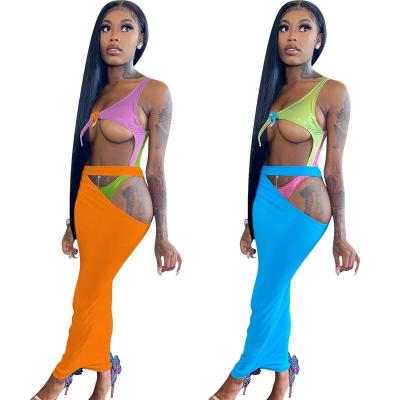 China 2022 New Arrival Breathable Swimwear Women Front Hollow Out Bikini Skirt 2 Pieces Set Color Patchwork Swimwear Beach Wear for sale