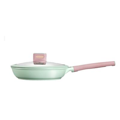 China Viable Breakfast Pot With Glass Cover 24Cm Pan Green Aluminum Alloy Skillet Nonstick Frying Pan Cookware for sale