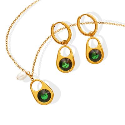 China 2022 New CLASSIQUE French Neutral Style Personalized Fashion Titanium Steel Pull Ring Green Zircon Inlaid Necklace Earring Jewelry Set for sale