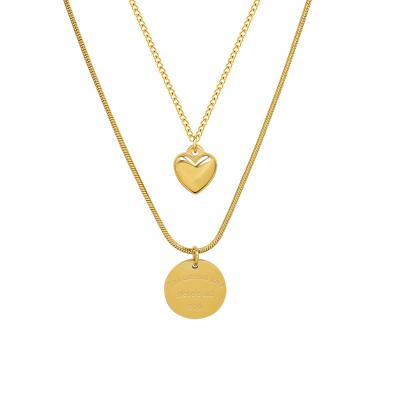 China Fashion Punk Style I Jewelry Round Peach Heart Love Pendant 18K Gold Double Layer Necklace Titanium Steel Clavicle Chain for sale