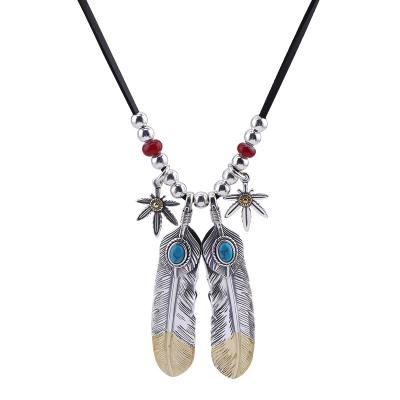 China High Quality S925 Silver Feather Necklace Men's Retro Turquoise Maple Leaf Leather Rope Beads Dangling Women's Sweater Soft Chain for sale