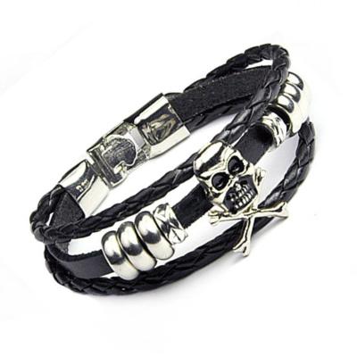 China Wholesale Best Quality Black PVD Punk Skull Mens Genuine Leather Bracelet For Jewelry 19cm 21cm Wristband for sale