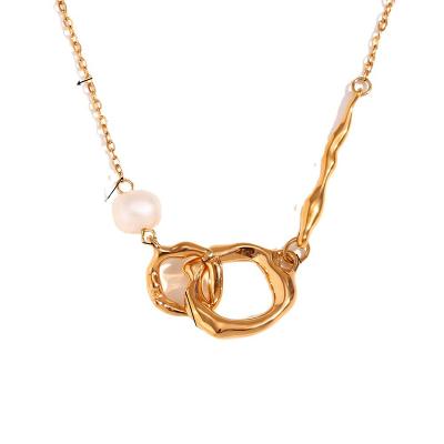 China Personalized Gold Plated Pendant Nickel Free Asymmetrical Double Pearl Buckle Necklace Stainless Steel Liquid Pendant for sale