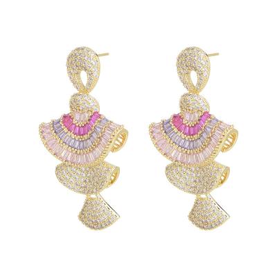 China Small Zircon Skirt Earrings S925 Environmentally Friendly Colorful Gradient Pink Sector Stereo Earrings Silver Needle Earrings for sale