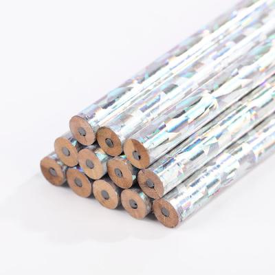 China Promotional Round Body Pencil HB Rainbow Silver Film Laser Pencil Promotional Pencil With Eraser for sale