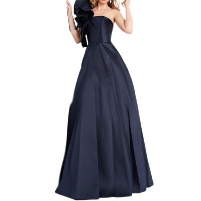 China Simple Wedding Dresses Anti-Static One Shoulder High Waist Plain Satin Strapless Ball Gown Formal Dresses for sale