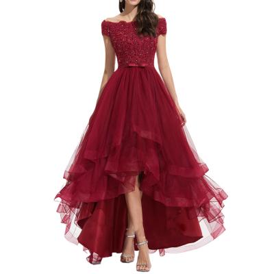 China Latest Fashionable Anti-Static Design Off The Shoulder Cap Sleeves Lace Up Beading Cascading Asymmetrical Ruffles Tulle Ball Gown Evening Dress for sale