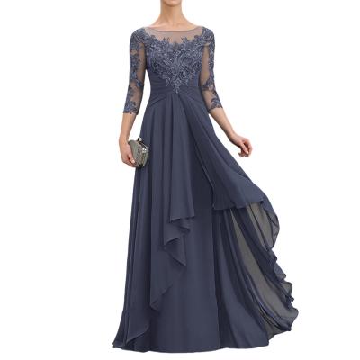 China Anti-Static Mother Of The Bride Dresses Bateau Neck Sleeves Long Lace Up High Waist Front Cascading Ruffles Chiffon Evening Dress Gowns for sale