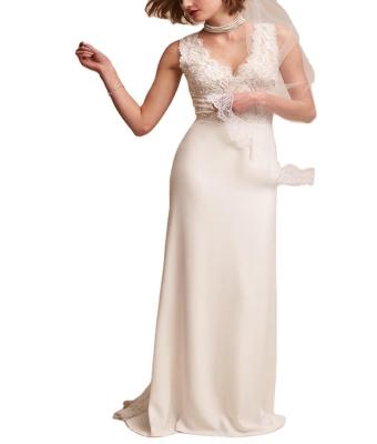 China Sheer White Anti-Static Sleeveless V-Neck Mermaid Lace Appliques Crepe Simple Wedding Dress for sale