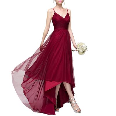 China Custom Made Anti-Static V Neck Spaghetti Straps High Waist Ruffles Tulle Asymmetrical Party Dress Bridesmaid Dress For Women for sale