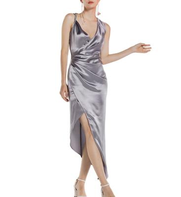 China Women Club Party Lady Satin Stylish Silk Custom Sexy Night Ruched Slip Fashion Anti-Static Fitted Sleeveless Midi Dress for sale