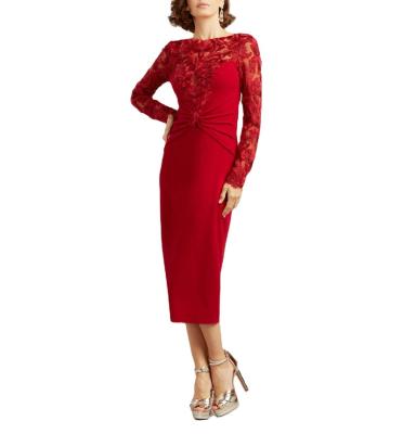 China Anti-static autumn red dress for women high quality elegant long sleeve embroider lace formal dress elegant cocktail dress for sale