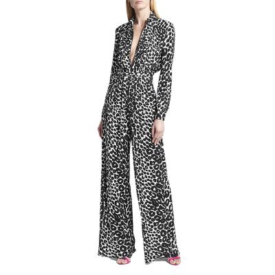 China Long Wide Open Plus Size Stand Collar Casual Zipper QUICK DRY Sheaths Animal Print Jumpsuit Leopard Siamese Pants for sale