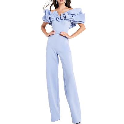 China QUICK DRY Puff Ruffles Off Shoulder High Waist Long Pants Plain Overalls For Women for sale