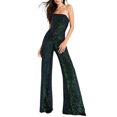 China Sexy Hot Green Waist Long Pants QUICK DRY Shinny High Waist Strapless Sequin One Piece Overalls for sale