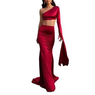 China One Shoulder Lengthened Sleeves Anti-Static Full Crop + Low Cutback Ruched Satin Single Skirt Two Piece Sets For Evening Party for sale