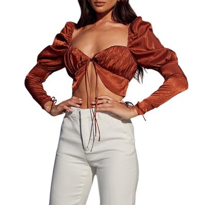 China Hot QUICK DRY Summer Place Neck Leg Sleeves Lace Up Front Cut Out Crop Satin Tops For Evening Party for sale