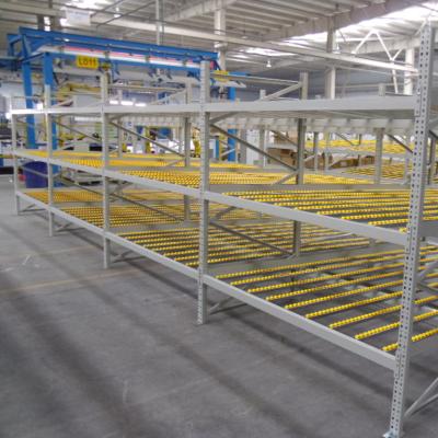 China Industrial Warehouse Storage Racking 700kg Per Beam Loading Capacity Sheet Metal Aluminum Alloy Warehouse Roller Rack System Gravity Cardboard Flow Level Rack for sale