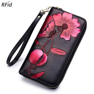 China RFID Wallet Card Holder Embossed Real Flower Woman Leather Colorful Long Wallet Ladies Wallet With RFID Card Holder Positions for sale