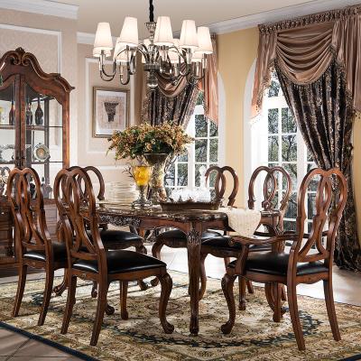 China Elegant Luxury Royal Solid Wood Carving American Style Dining Table Furniture Convertible Beside Table With 6 8 Chairs for sale