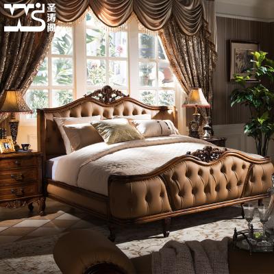 China Factory Wholesale Traditional Furniture European Style Genuine Leather Wood Beds Leather Bed King Size Wood Beds for sale