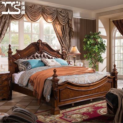 China Customized Traditional Palace Bedroom Furniture King Size Wood Frame Beds Design Solid Wood Leather Upholstered Bed for sale