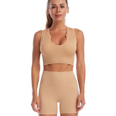 China Body Sculpting Ribbed Workout Apparel Fitness Sports Crop Top And Yoga Shorts Set For Ladies for sale