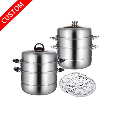 China Sustainable Logo 30cm Stainless Steel Steamer Pot Stock Custom Pot With Steamer Basket For Kitchen Utensils for sale